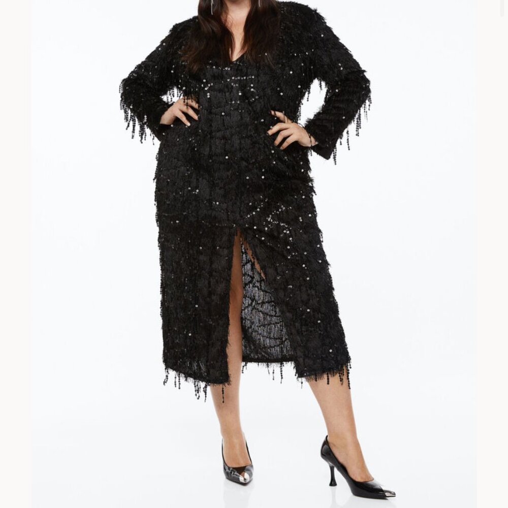 NWT Sequined Tassled Black Midi Dress